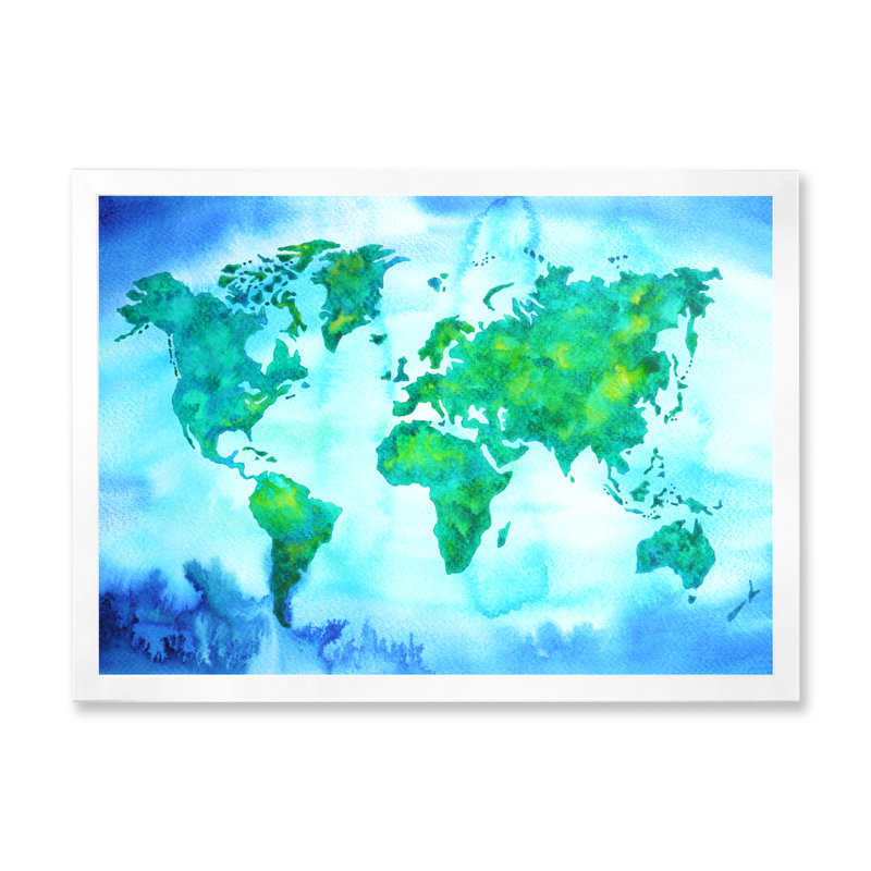 «World Map Blue Green Tone III», reproduction sur toile flottante, H 16 po x l 32 po x P 1 po, Cadre de coin blanc fermé