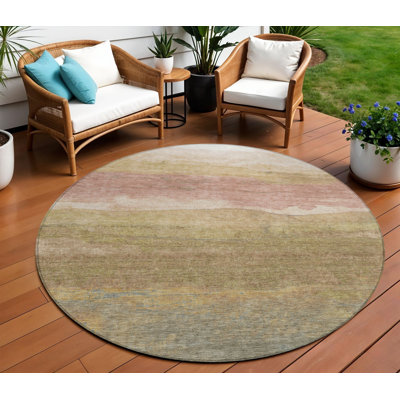 Tapis extérieur rond lavable abstrait brun clair et beige 8 pi