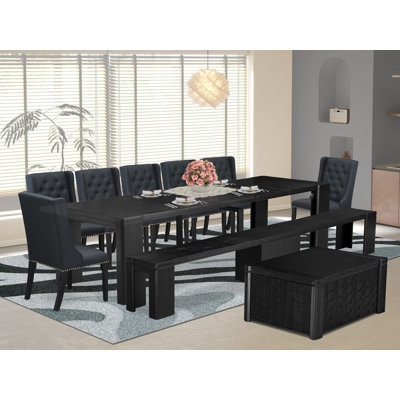 10-piece Dining Table Set a Dinner Table with a coffee Table and a wooden Bench and 7 Black Linen Fabric Dining Chair, Wire Brushed Black