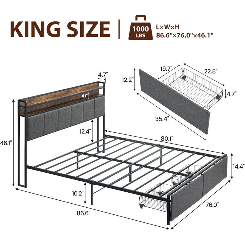 Bed Frame With Headboard, USB & Type-C Charging Station, King