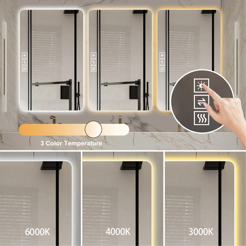 Wall mounted LED lighting mirror/bathroom mirror/full-length mirror/makeup mirror, three color lighting+dimming+IP44 waterproof+anti fog+touch switch 24 × 48 inches