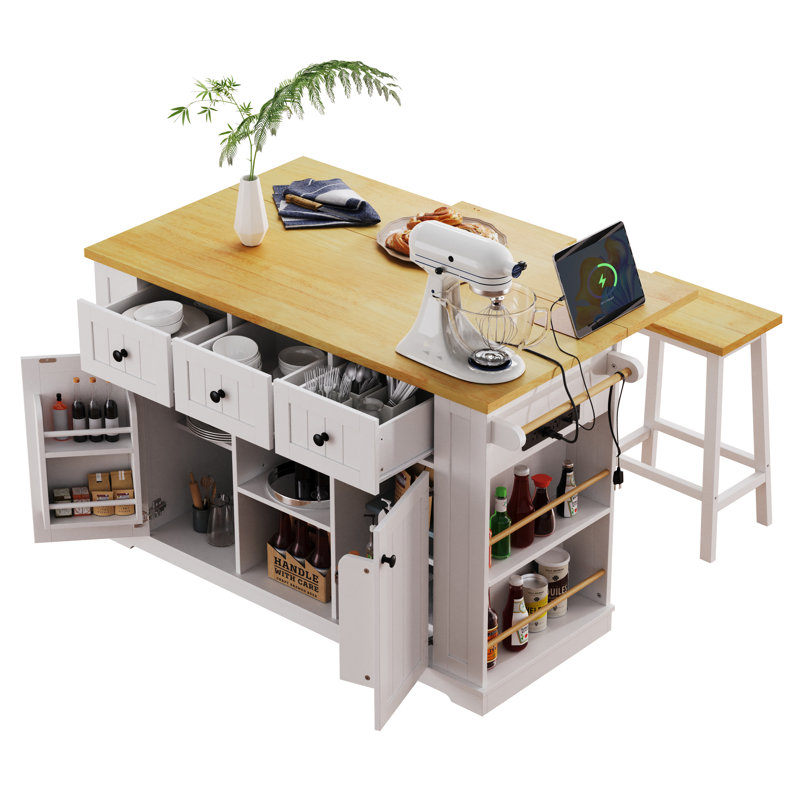 53" Large Kitchen Island with Drop Leaf, Storage, Power Outlet, 3 Drawers, 5 Open Shelves and 5 Wheels, Rolling Kitchen Island Cart for Kitchen and Dining Room