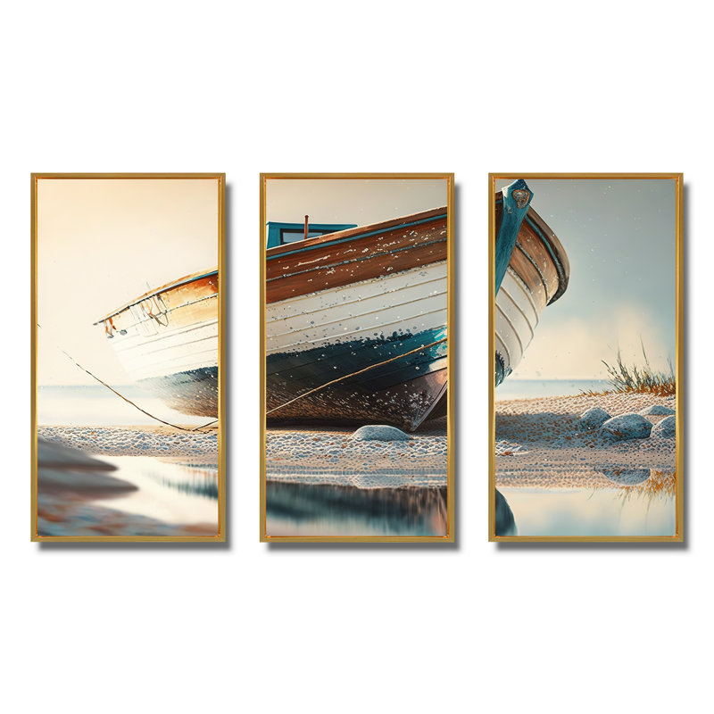 Quentin Boat On Shore I - 3 pièces sur toile, Cadre doré, H 32 po x l 48 po