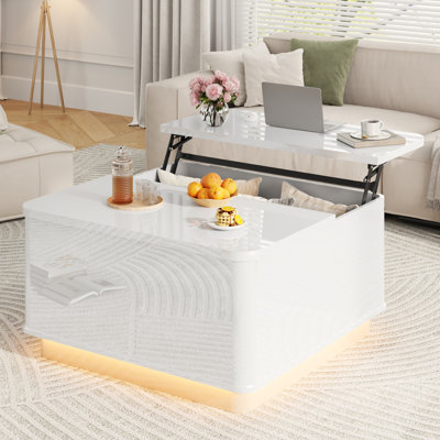 Table basse à plateau relevable moderne de 35 po avec rangement, table basse carrée à DEL avec port de chargement et base de bloc pour le bureau à domicile