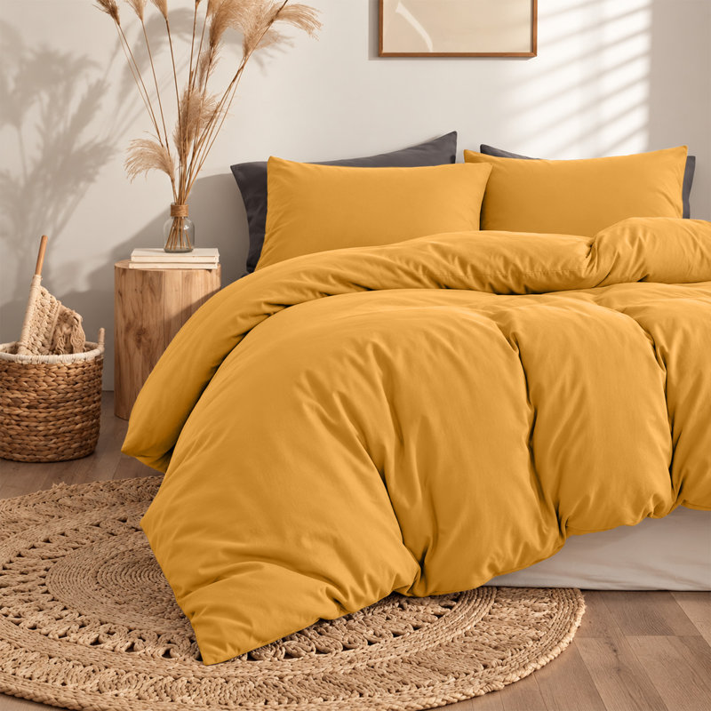 300TC Microfiber Duvet Cover Set – Reversible Luxury 3-Piece, Double Duvet Cover + 2 Standard Pillowcases, Mustard/Ocher