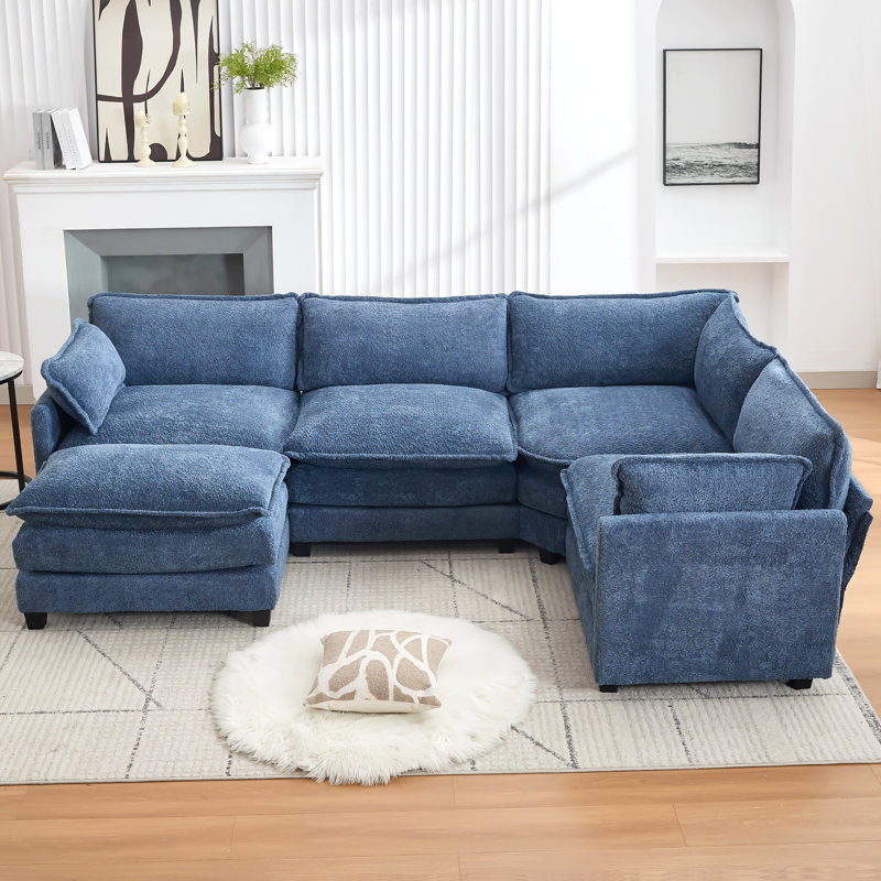 Canapé d'angle modulaire en L en chenille bleu marine avec repose-pieds amovible surdimensionné et canapé profond