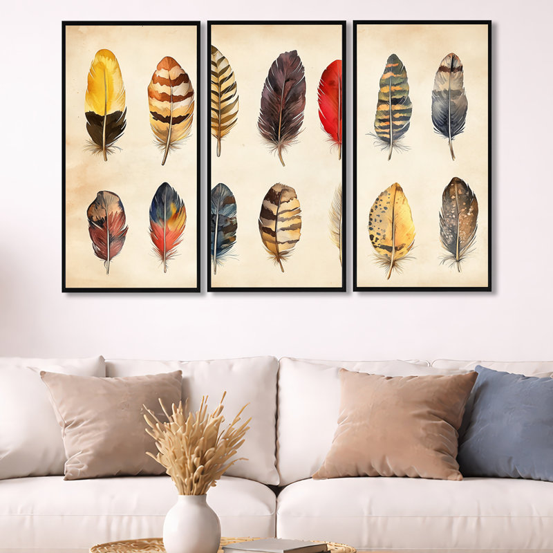 Art mural plumes, ailes abstraites sur toile - Boho, plumes abstraites, ensemble d'illustrations murales sur toile encadrée 3 pièces
