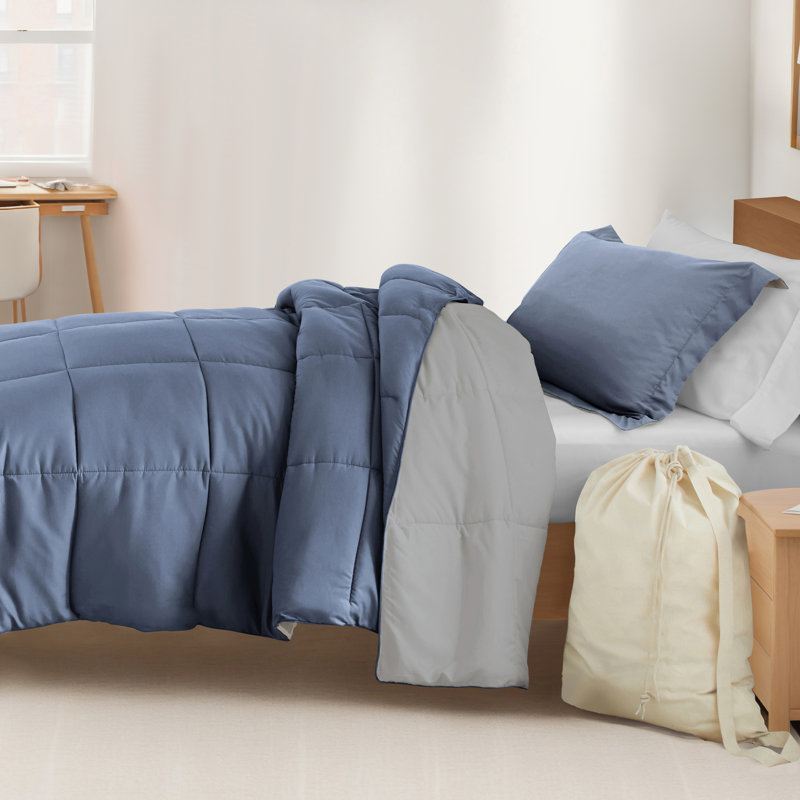 8-PC College Dorm Twin XL Bedding Bundle - Comforter Set, Sheet Set, Pillows and Laundry Bag, Stone / Light Gray