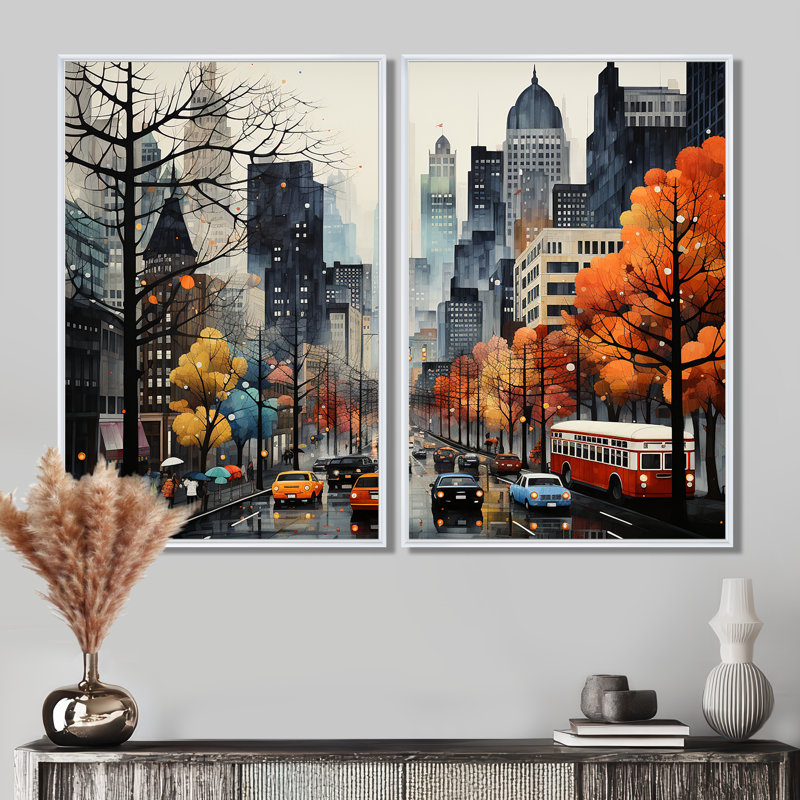 Ensemble de 2 décorations murales Bold Cityscape Urban Fog III - Orange, 36" H x 48" W, Impression encadrée flottante, White