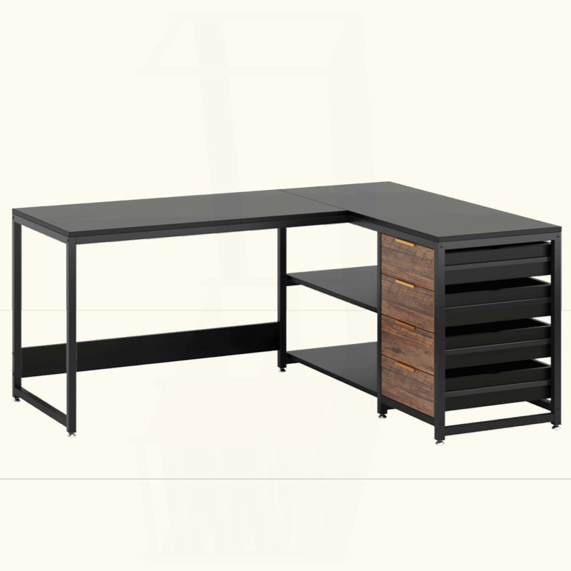 Bureau d'ordinateur en L avec tiroirs et tablettes de rangement, poste de travail de coin réversible, bureau d'écriture pour bureau à domicile avec classeurs