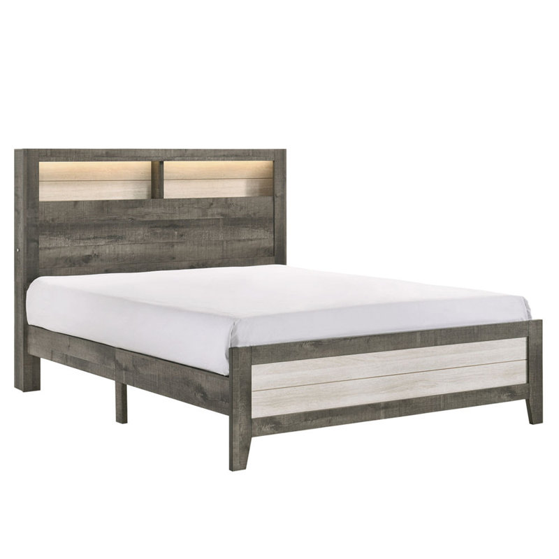 1pc Queen Size Platform Storage Bed Low-profile Plank-style Headboard Built-in Lighting Modern Farmhouse Style Grey Beige