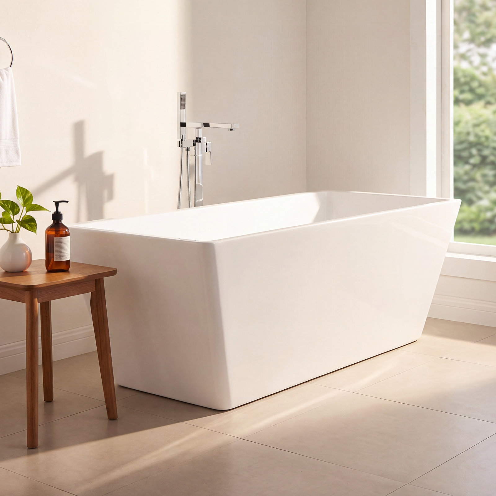 Chloe 67" Freestanding Soaking Acrylic Bathtub, White/Polished Chrome