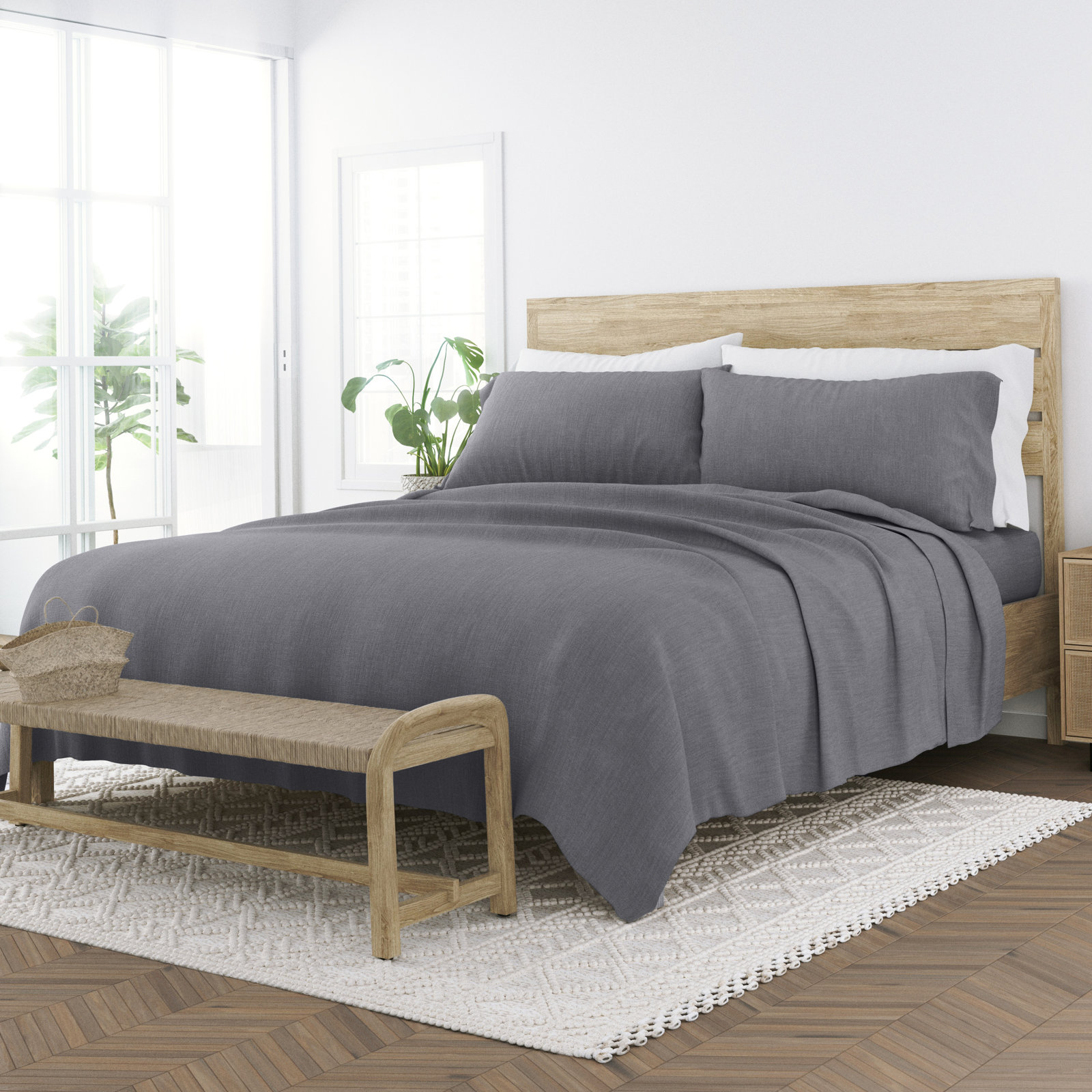 Linen Bamboo-Blend Breathable Luxury Bed Sheet Set, Gray, King Sheet Set + Fitted Sheet + 2 Pillowcases