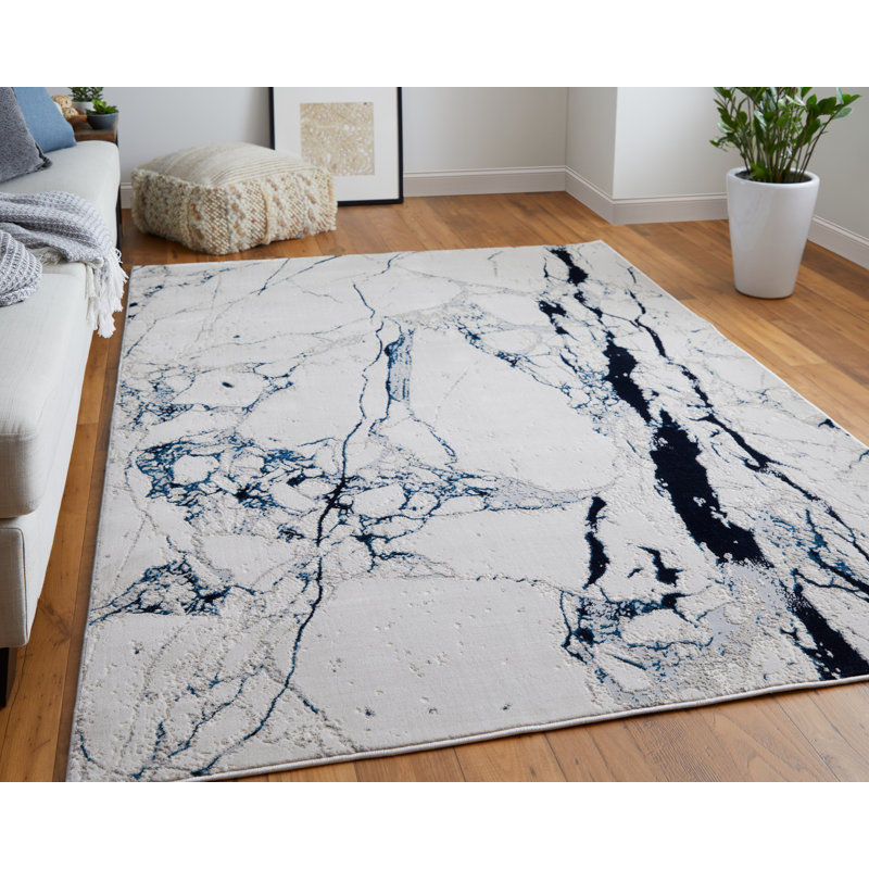 Tapis moderne ivoire / bleu Armada, 5 po x 8 po, Rectangle 3 pi 11 po x 6 pi