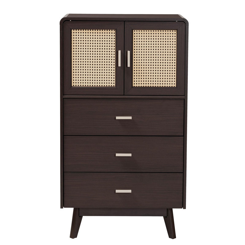 Giancarlo Espresso Brown 3-Drawer Wood Storage Chest with Rattan Doors
