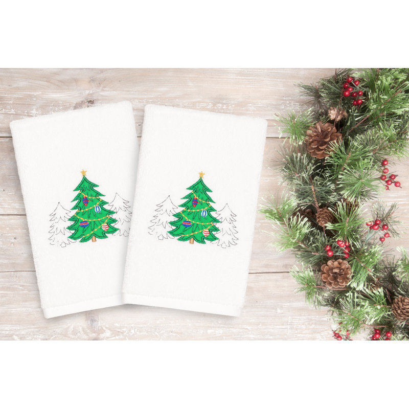 Christmas Three Trees Embroidered Luxury Turkish Cotton Hand Towel, White