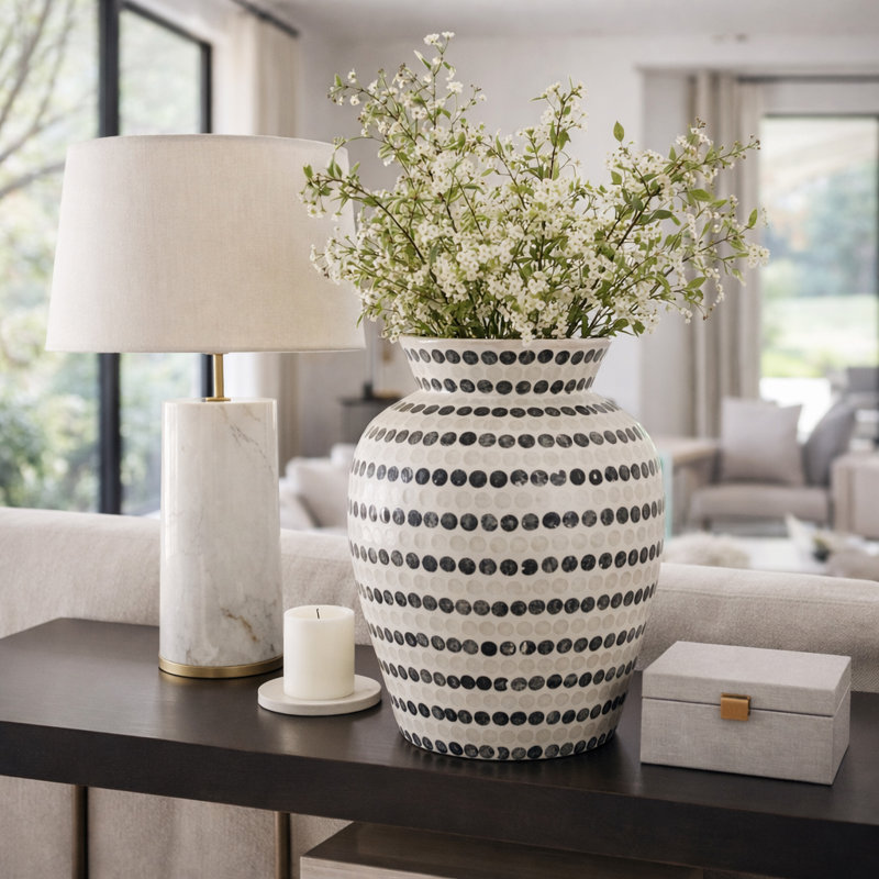 Decorative Vase With Dots Pattern For Home Decor - Statement Capiz Tall Flower Vase For Living Room Accent - Floor Inspired Vase For Entryway Display - 16", Ivory & Blue