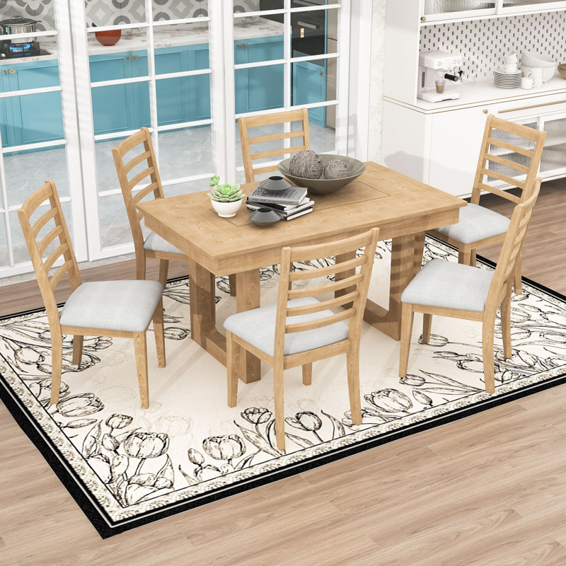7-Piece Farmhouse Extendable Dining Table Set with Rectangular Table and 6 Upholstered Chairs, Natural