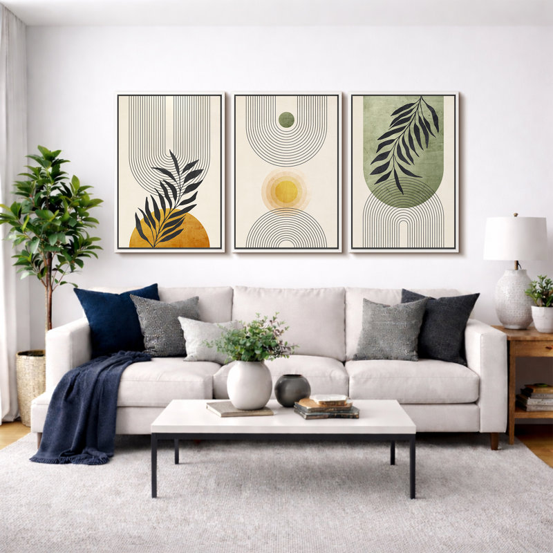 «Mid Century Modern Boho», pastel vert géométrique, feuille de palmier jungle, H 36 po x l 72 po, Blanc