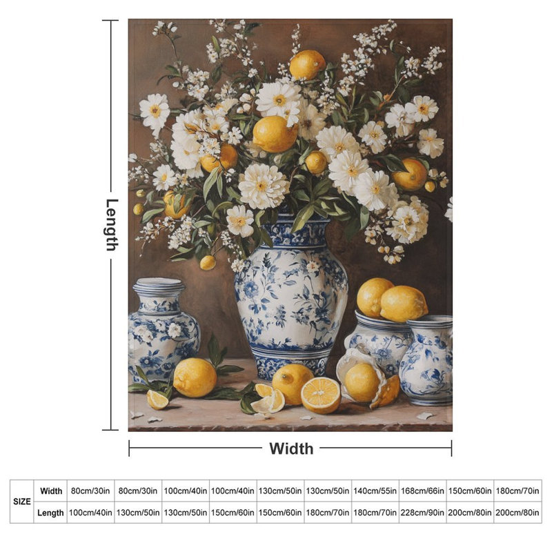Jeté en flanelle de luxe citrons et fleurs dans des vases bleus, couverture douce et chaude pour le canapé du salon