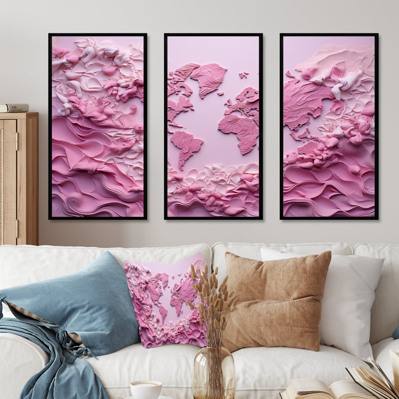 Ensemble de salon art mural rose carte du monde - carte du monde, H 32 po x l 48 po x P 1 po, Cadre flottant noir