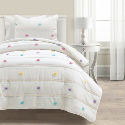 Rainbow Pom Pom And Stripes Quilt Set White/Raindow