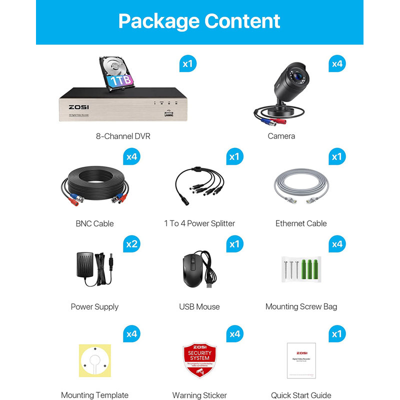 Système de caméra de sécurité 8CH DVR avec disque dur de 1 To, 4 appareils photo d'extérieur, détection de mouvement