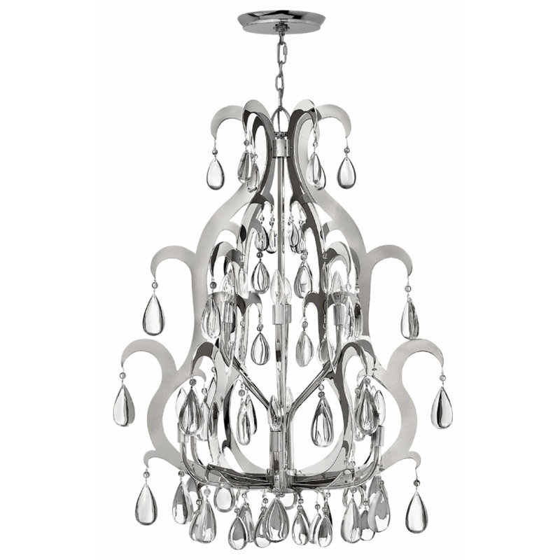 Polished Stainless Steel 12-Light Candle Chandelier with Crystal Accents