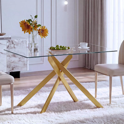 51.2" Rectangular Tempered Glass Dining Table with Metal Legs, Gold/Clear