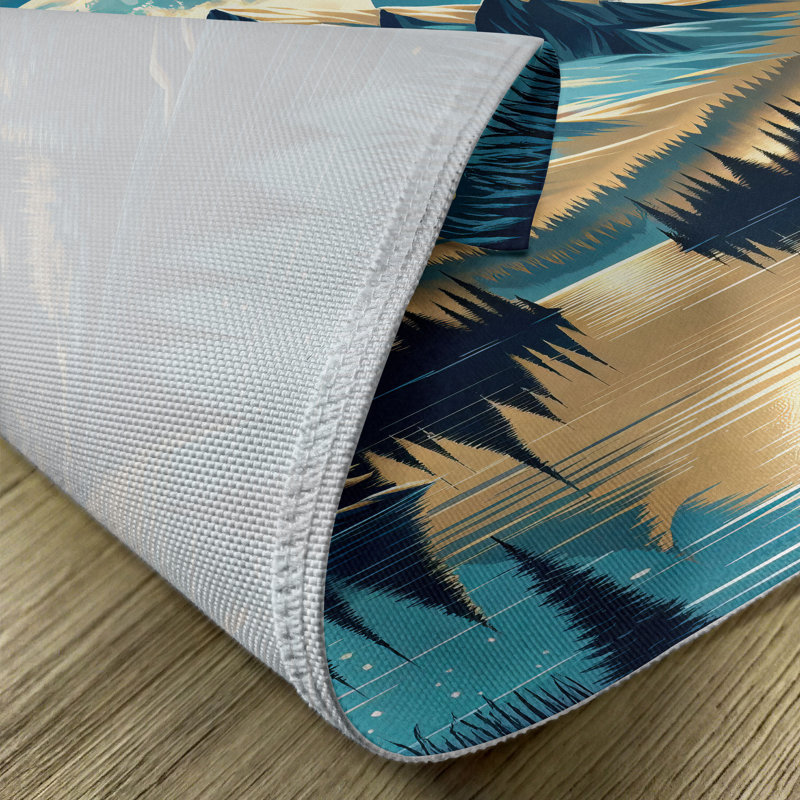 Dark Turquoise Tan Ivory Polyester Mountain Scene Placemats Set of 4