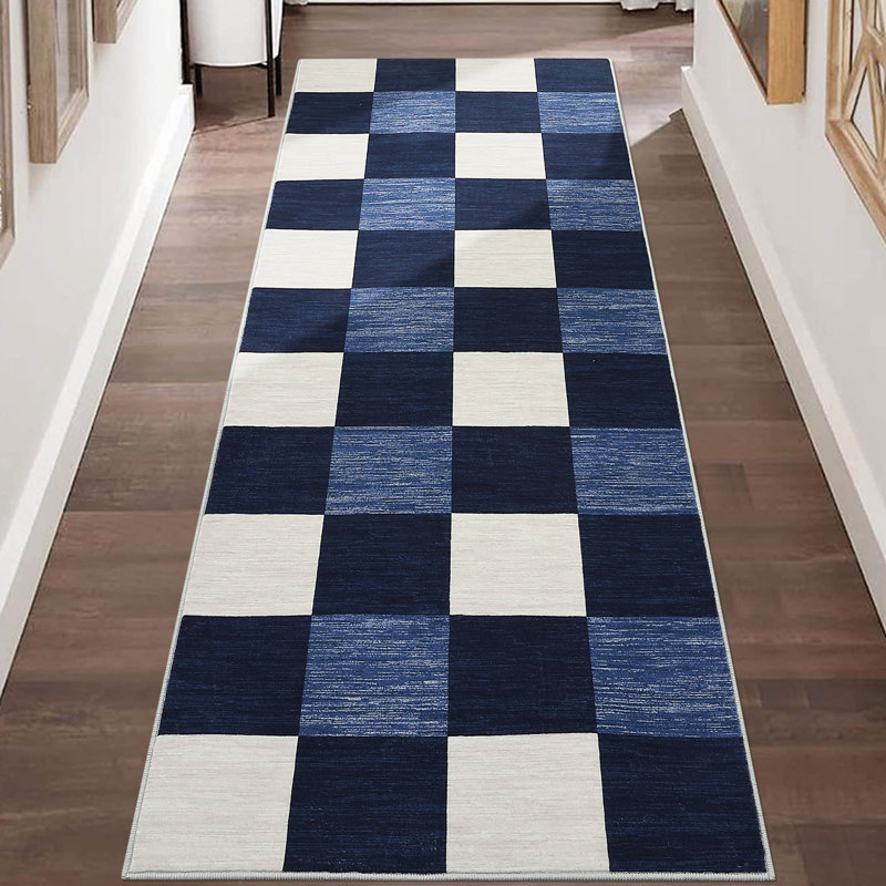 Plaid Printed Runner Rugs 2x6 Modern Hallway Rugs with Non-Slip Backing, Non-Shedding Geometric Indoor Carpet Mat, Foldable Thin Floor Cover for Laundry, Bedroom, Kitchen, Navy Blue