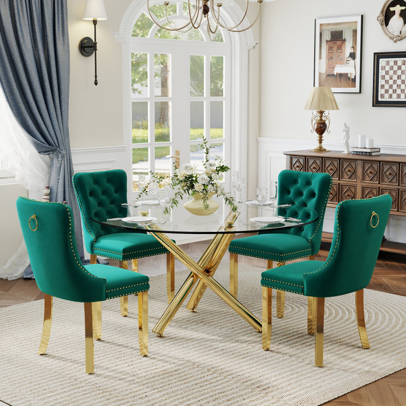 Ensemble de salle à manger à piédestal rond 5 pièces avec chaise capitonnée en velours pour salle à manger et salon, Vert