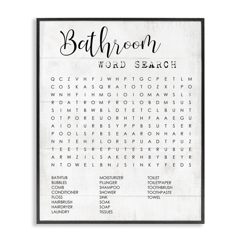 Bathroom Word Search Fun Family Word Design XXL Black Framed Giclee Texturized Art by Daphne Polselli, 24" H x 30" W