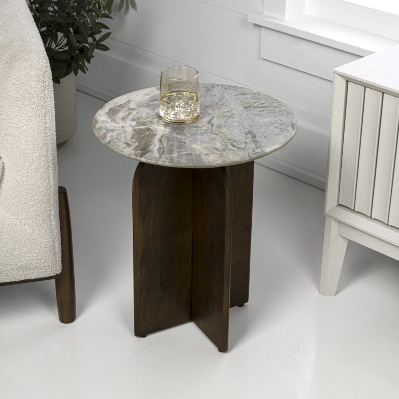 Naomi 18" Mid-Century Round End Table, Natural White Marble Top & Walnut Mango Wood Cross Base, Accent Side Table for Living Spaces