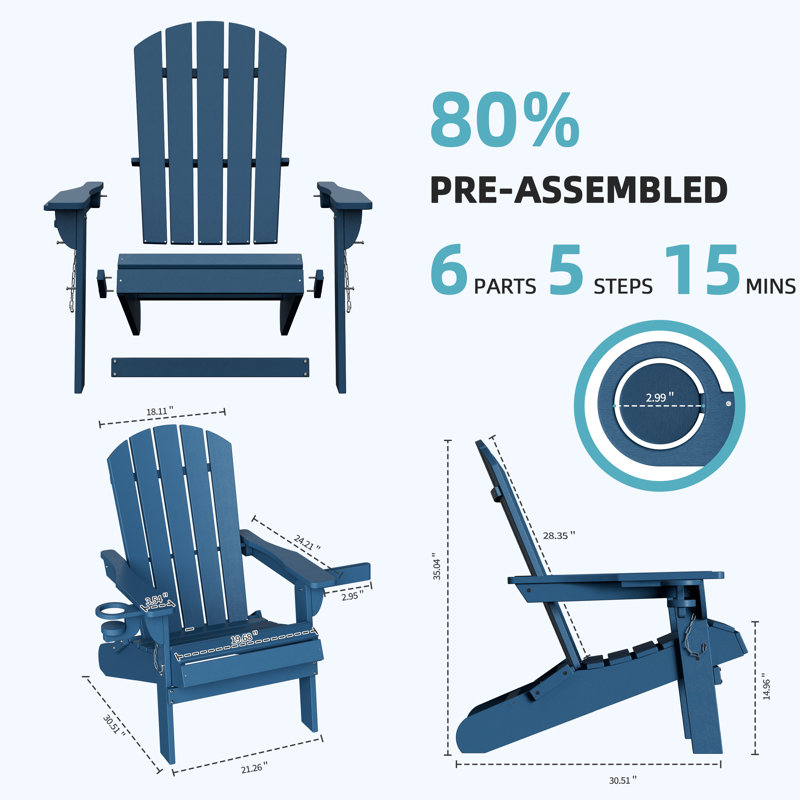 Ensemble de chaises d'extérieur pliantes Adirondack, Blue