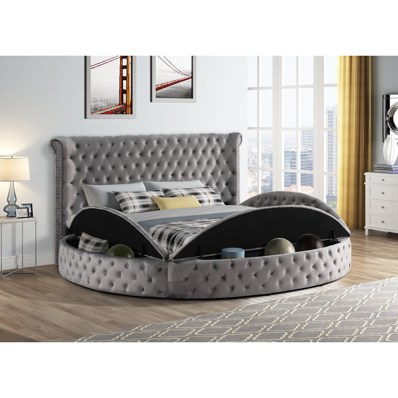 Lit arrondi Oona en velours capitonné avec rangement, Grand, gris