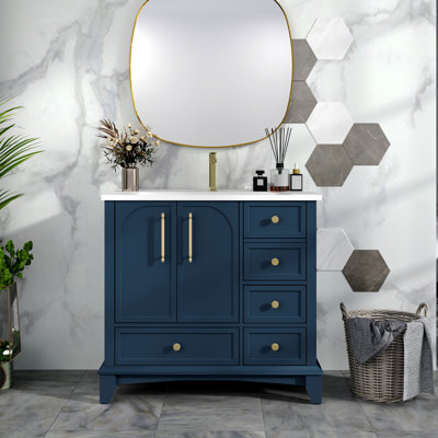 Ensemble de meuble-lavabo moderne 35,6 po avec surface peinte, meuble-lavabo sur pied autoportant de style Mid-Century avec rangement, meuble-lavabo haut de gamme avec tiroirs et poignées en métal