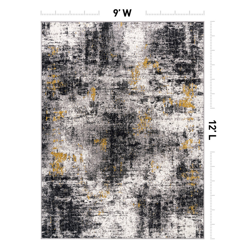 Abstract Yellow/Black/Gray Area Rug, Rectangle 9' x 12'