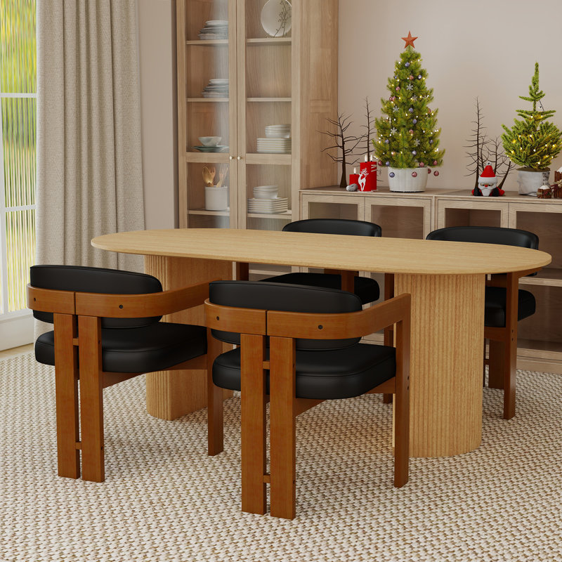 5-Piece Oval Solid Wood Dining Table Set, 5 Pieces: Table, 4 Chairs, Black/Walnut, Natural