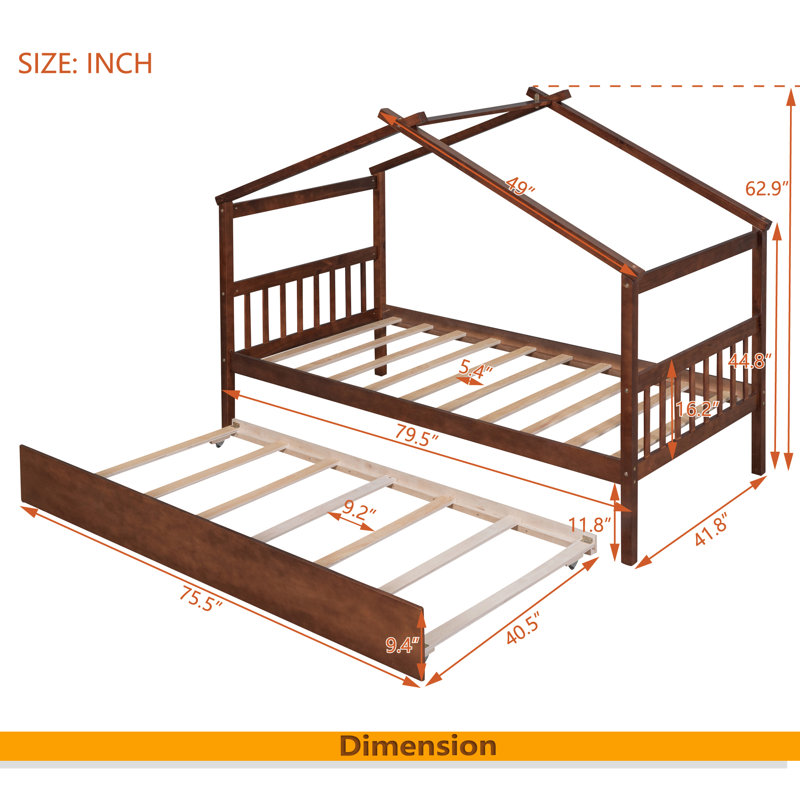 Lit en bois avec lit gigogne simple, Lit simple, Brun