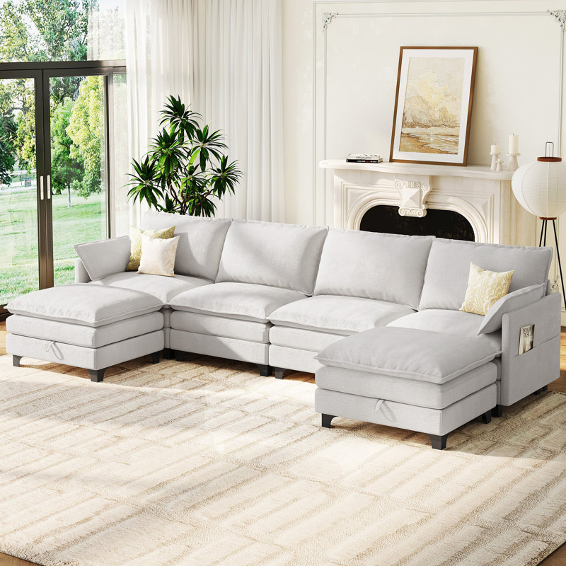 140” Comfy Cloud Couch U Shaped Sectional Sofa with Two Ottomans, Light Gray Chenille