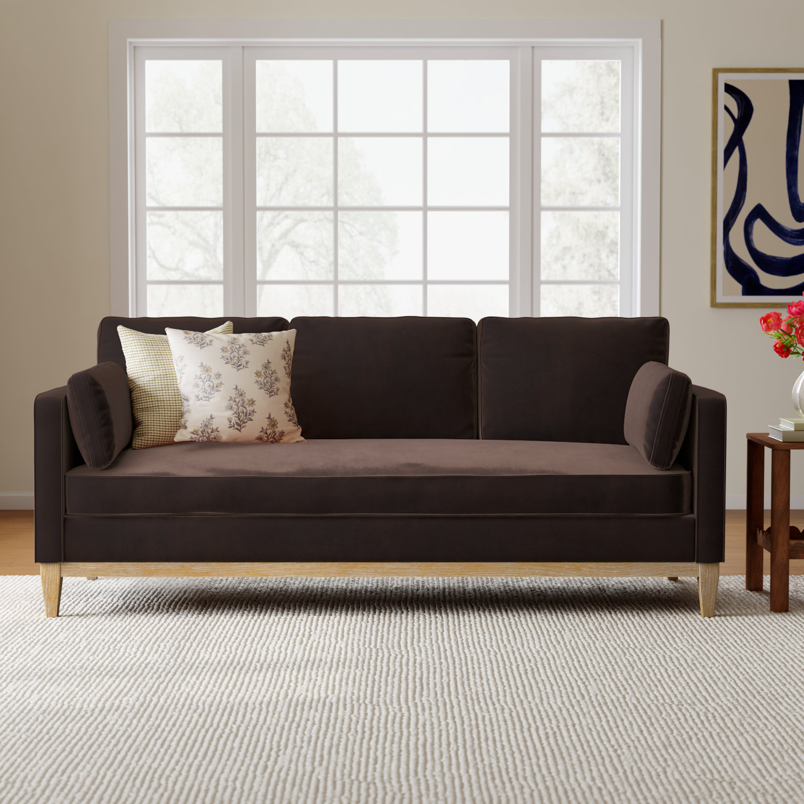 Pera 84'' Upholstered Sofa, Deep Brown Velvet