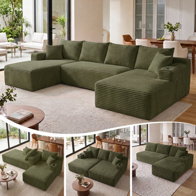  Canapé modulaire surdimensionné en U de 134 po en velours côtelé avec méridienne double, porte-gobelets, poches de rangement latérales et coussins décoratifs, sans assemblage requis, pour le salon, vert