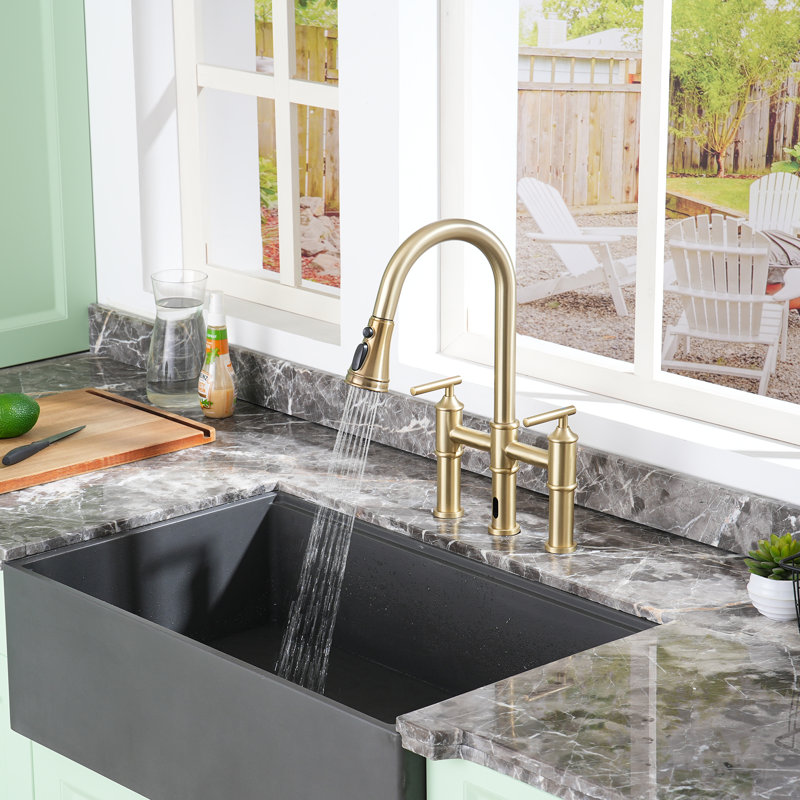CASAINC Bridge Pull Down Touchless Sensor Kitchen Faucet with 2 Handles, Brushed Gold