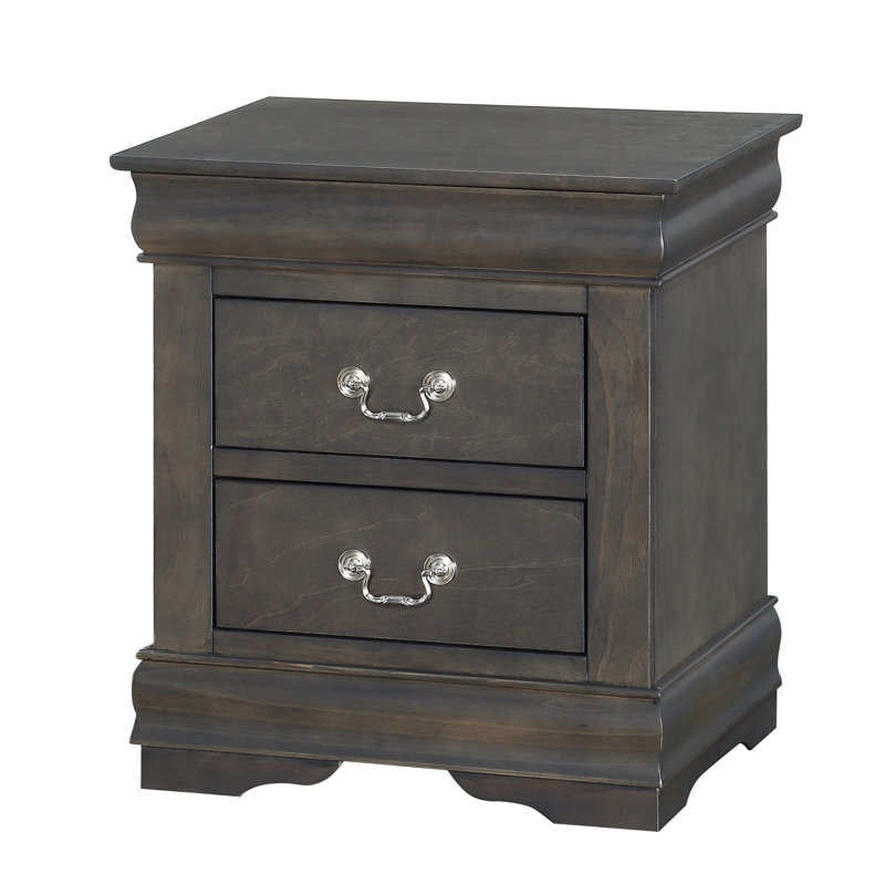 Sleek Black Modern Nightstand – 2 Drawer Storage with French Dovetail & Metal Glides, Brushed Nickel Handles for Bedroom