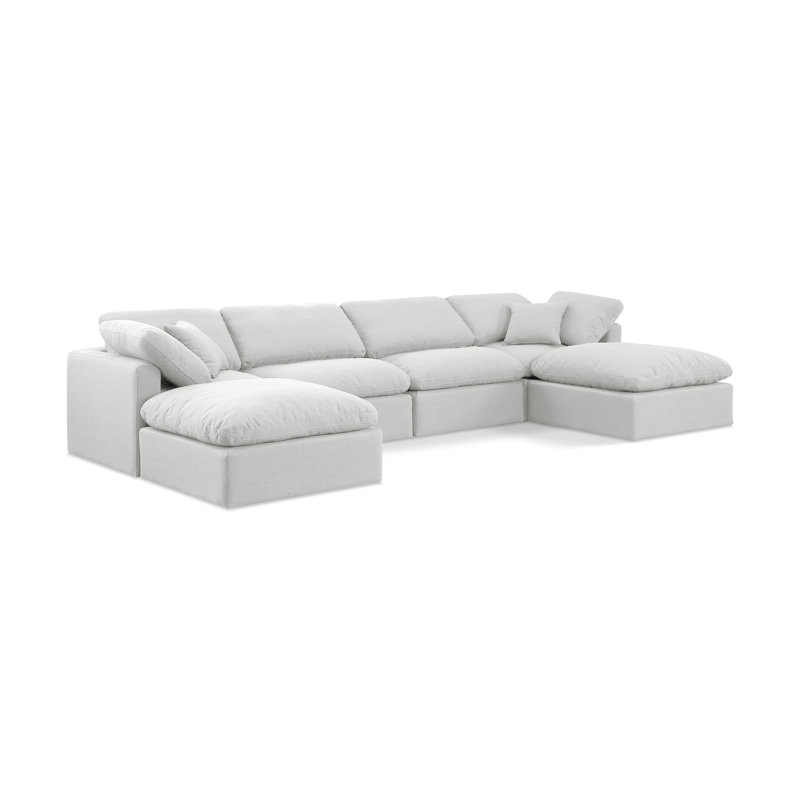 Canapé modulaire en coin 6 pièces Hinami, Tissu texturé en lin blanc