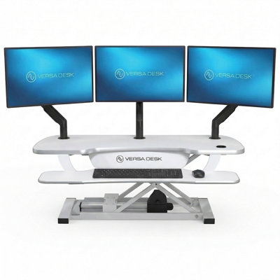 Convertisseur de bureau électrique debout 40 po VersaDesk PowerPro avec réglage de la hauteur par bouton-poussoir et port de charge USB, blanc