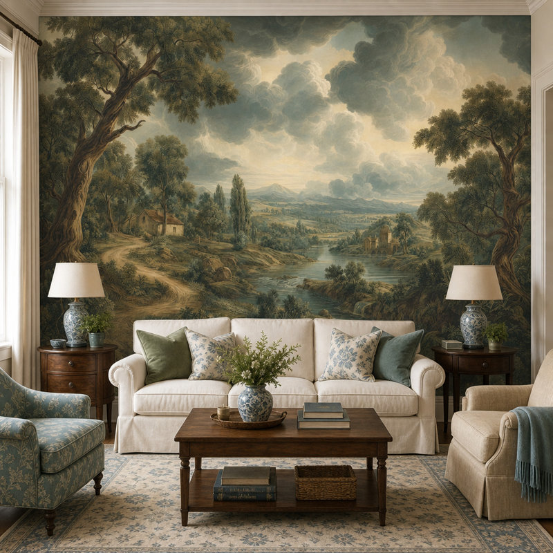 Papier peint pastel vert paysage pastoral amovible, 140"x108", Non-Woven Nonpasted