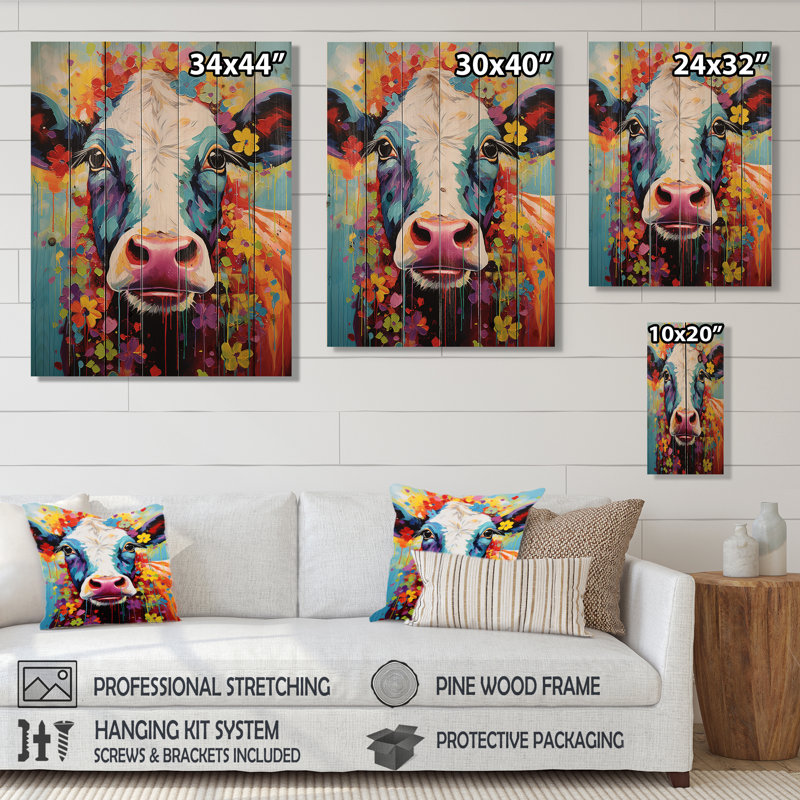 Vache fantaisie sur bois, H 20 po x l 10 po x P 0,78 po