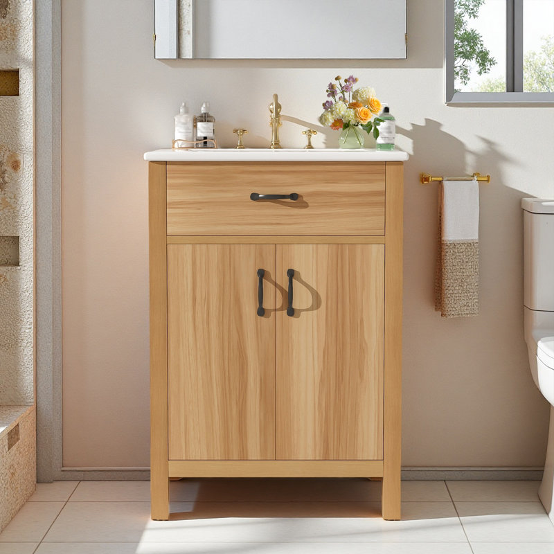 Meuble-lavabo simple avec comptoir en céramique, structure en bois massif, tiroir rabattable et 2 portes à fermeture en douceur